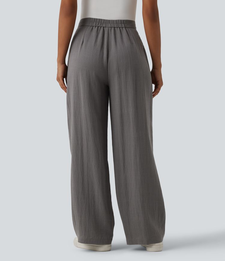 Adjustable High Waisted Linen Work Baggy Pants with Pockets