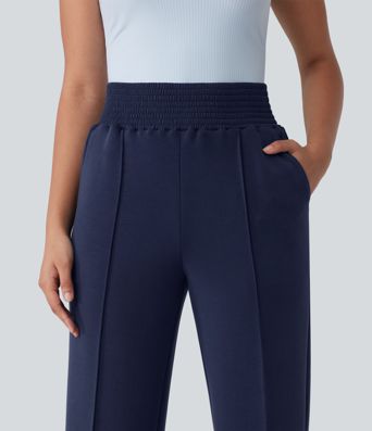 SpacerTek™ High Waisted Shirred Casual Straight Leg Sweatpants with Pockets