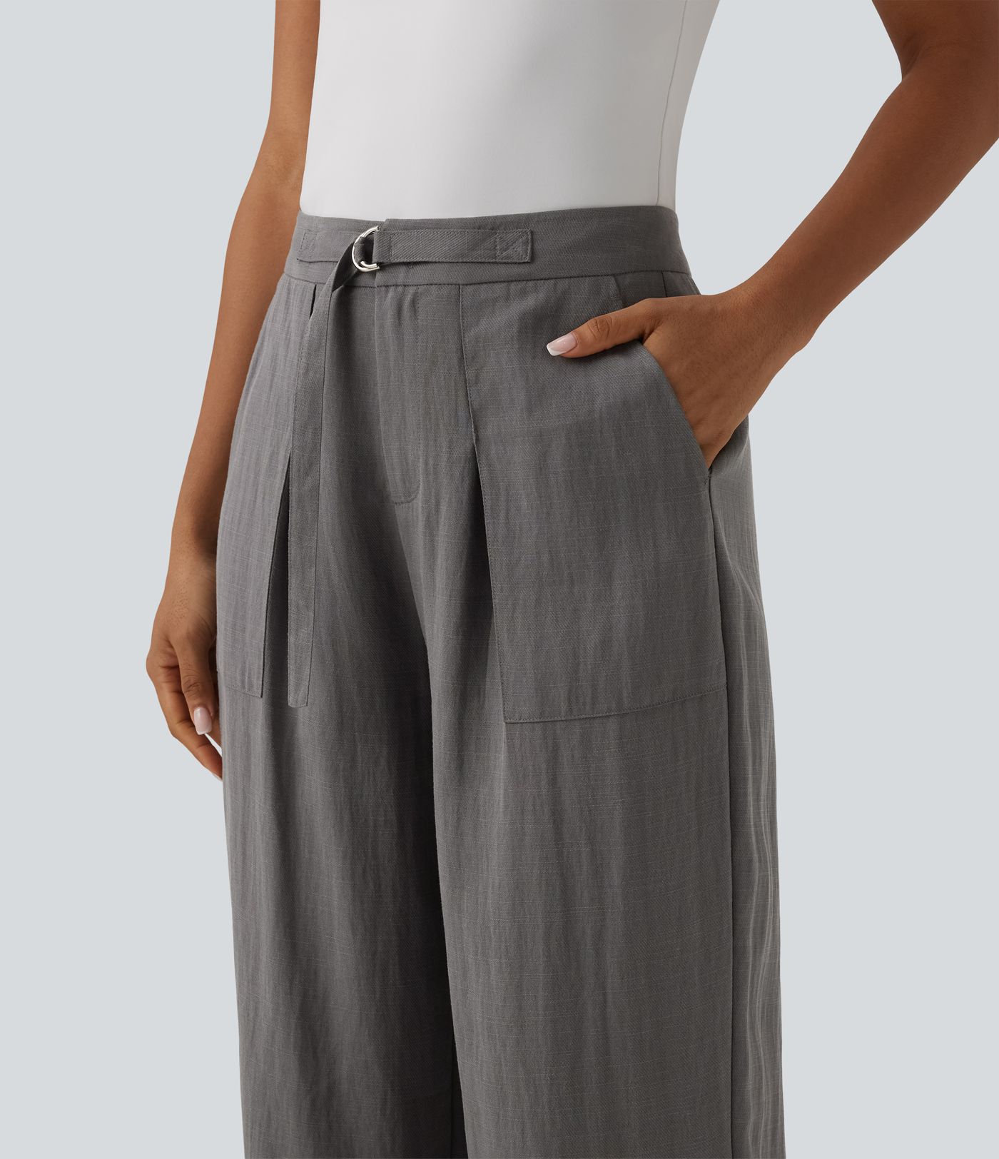 Adjustable High Waisted Linen Work Baggy Pants with Pockets