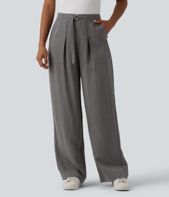 Adjustable High Waisted Linen Work Baggy Pants with Pockets