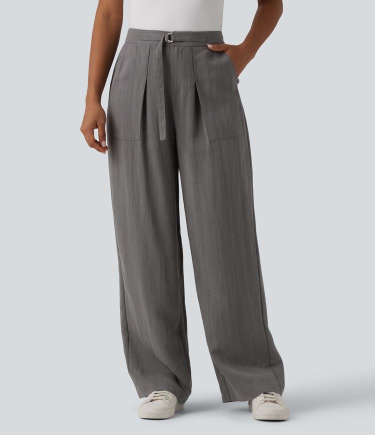 Adjustable High Waisted Linen Work Baggy Pants with Pockets
