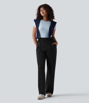Jogging casual jambe droite taille haute smocké SpacerTek™ avec poches