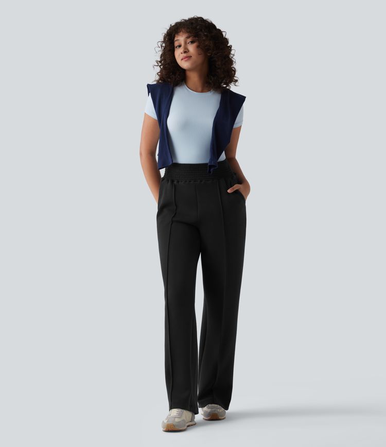 Jogging casual jambe droite taille haute smocké SpacerTek™ avec poches