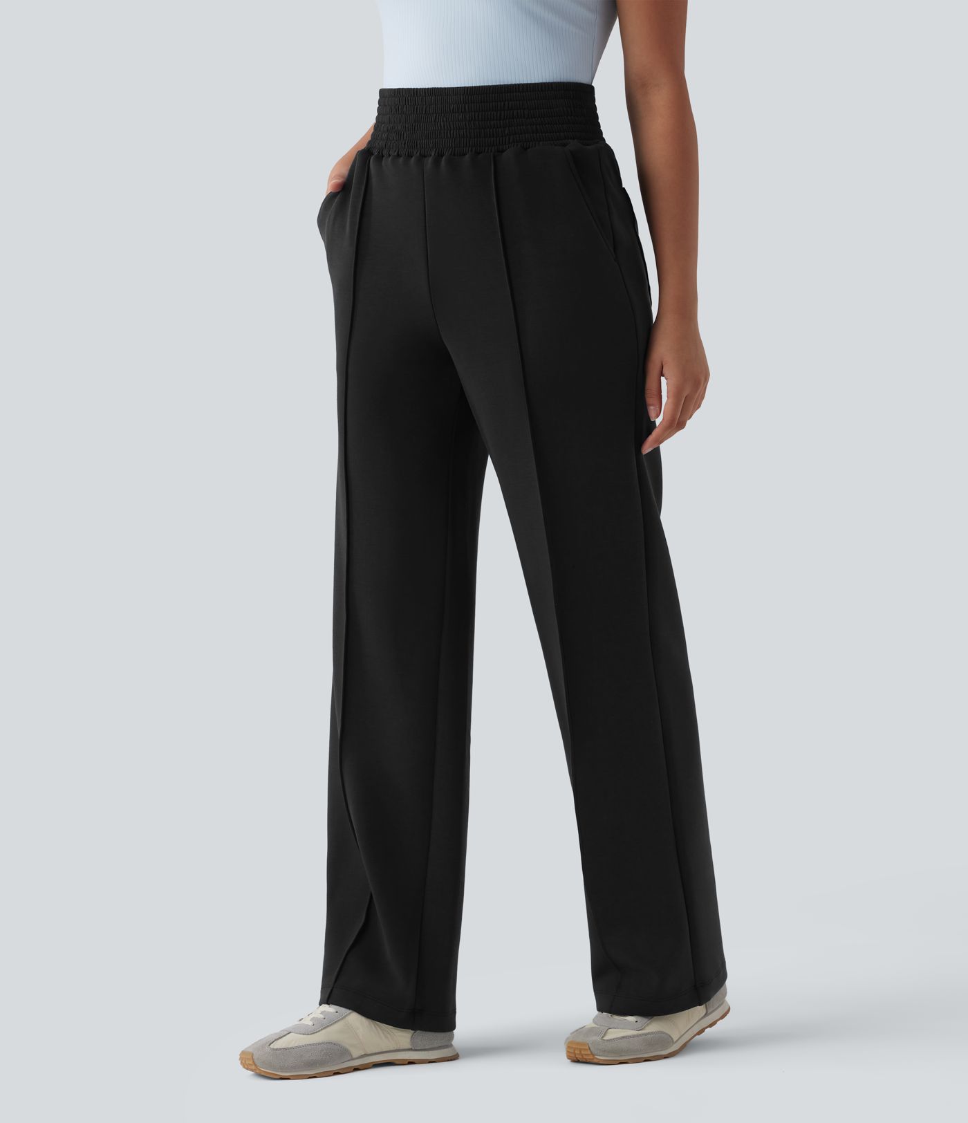 Jogging casual jambe droite taille haute smocké SpacerTek™ avec poches