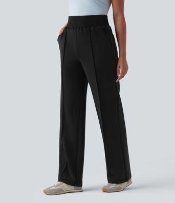 Jogging casual jambe droite taille haute smocké SpacerTek™ avec poches