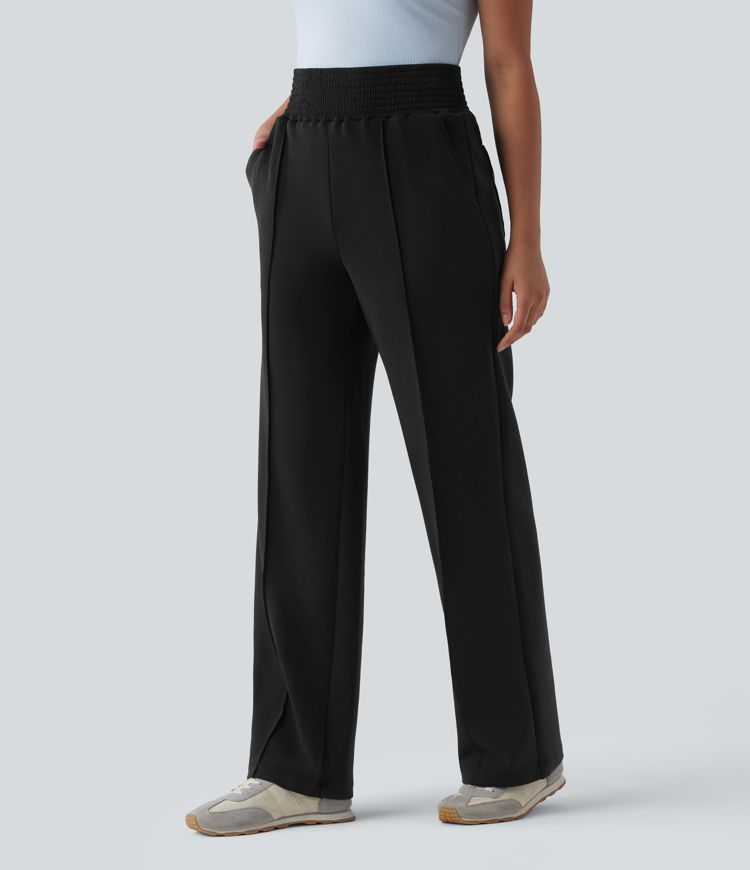 Jogging casual jambe droite taille haute smocké SpacerTek™ avec poches