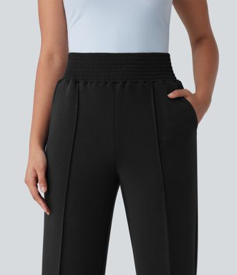 Jogging casual jambe droite taille haute smocké SpacerTek™ avec poches