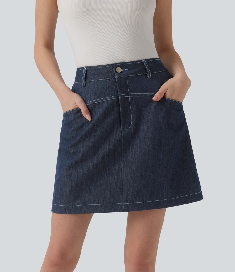High Waisted Mini 2-in-1 Denim-Like Casual A-line Skirt with Pockets