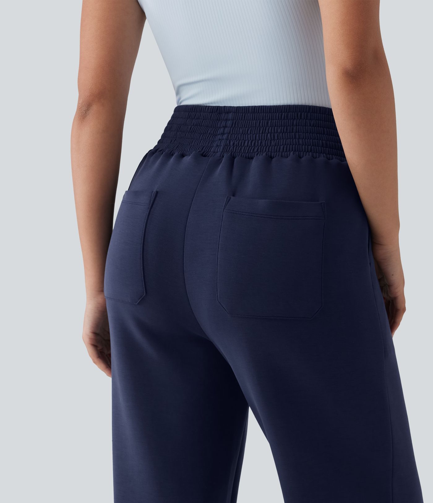 SpacerTek™ High Waisted Shirred Casual Straight Leg Sweatpants with Pockets