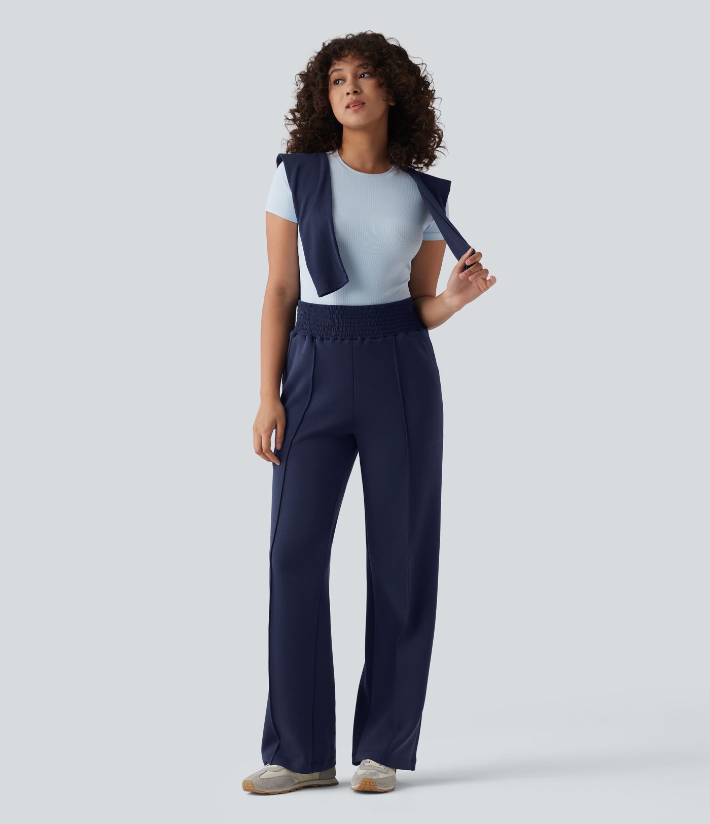 SpacerTek™ High Waisted Shirred Casual Straight Leg Sweatpants with Pockets