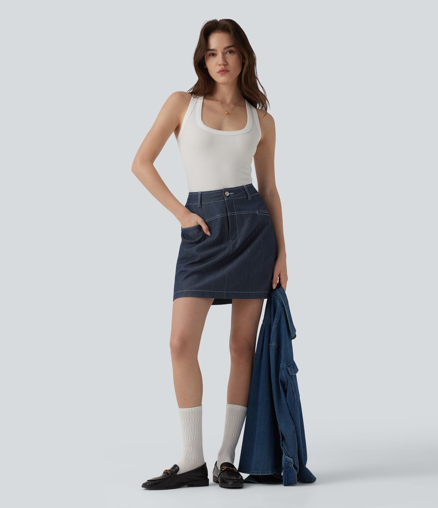 High Waisted Mini 2-in-1 Denim-Like Casual A-line Skirt with Pockets