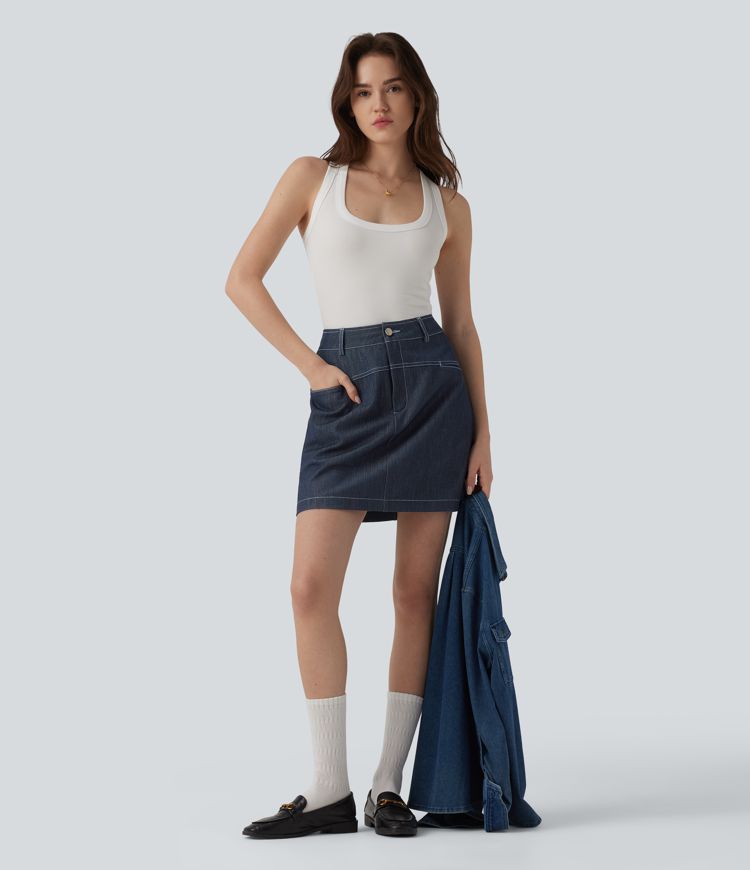 High Waisted Mini 2-in-1 Denim-Like Casual A-line Skirt with Pockets