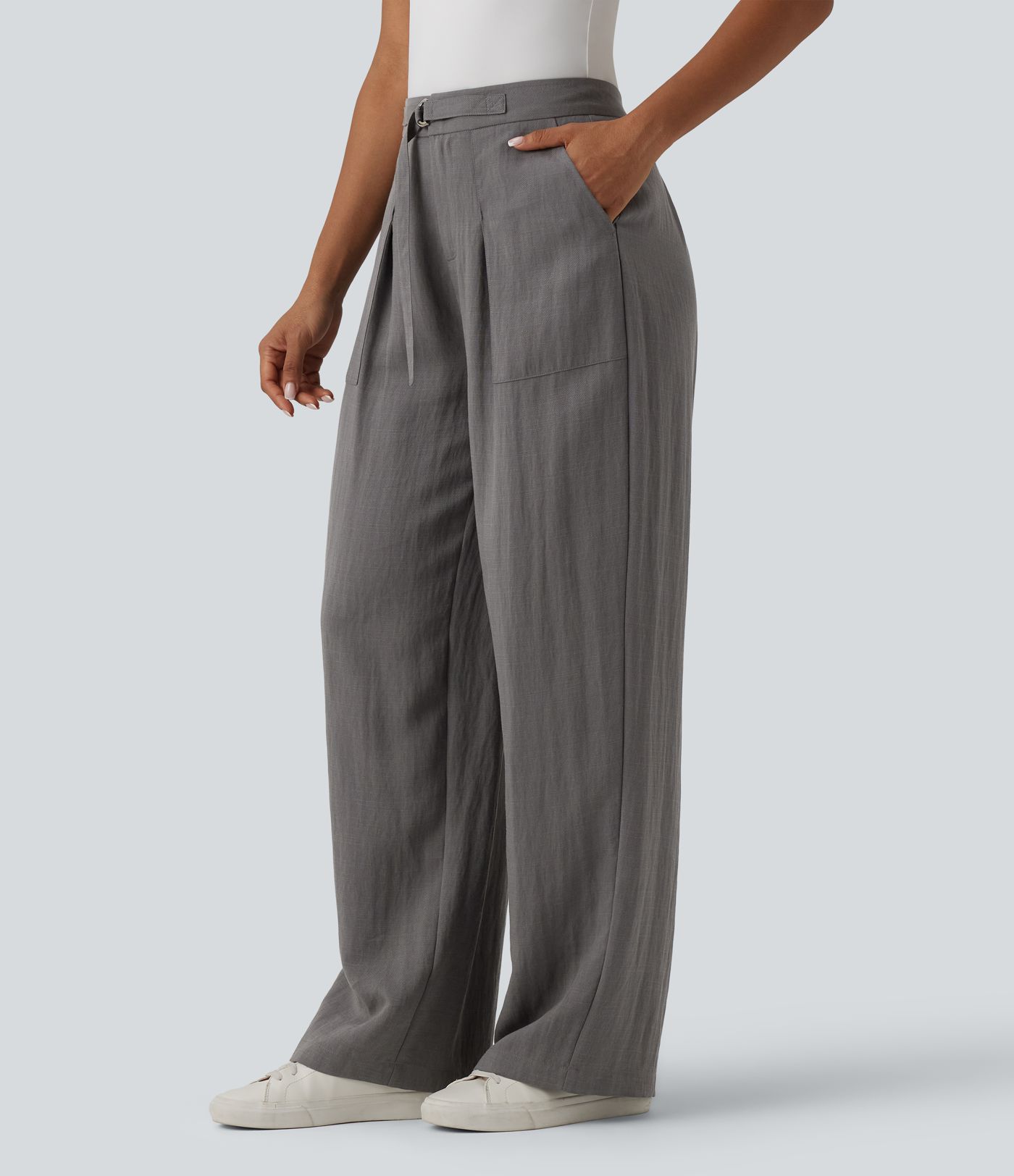 Adjustable High Waisted Linen Work Baggy Pants with Pockets