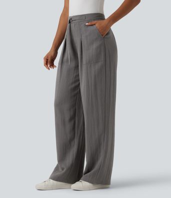 Adjustable High Waisted Linen Work Baggy Pants with Pockets