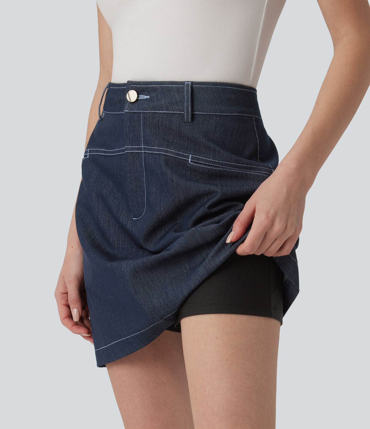 High Waisted Mini 2-in-1 Denim-Like Casual A-line Skirt with Pockets