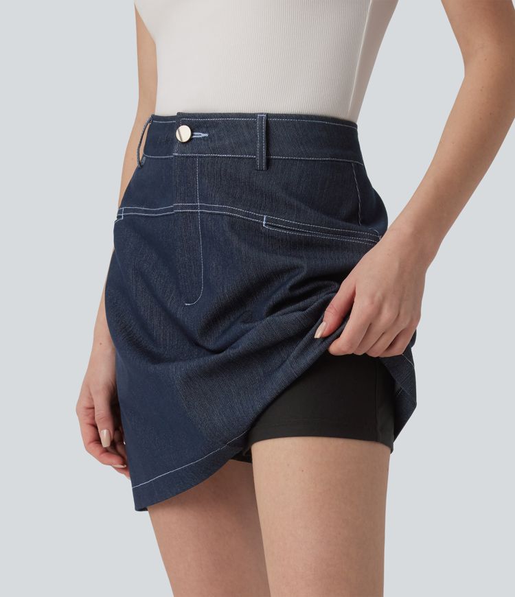 High Waisted Mini 2-in-1 Denim-Like Casual A-line Skirt with Pockets