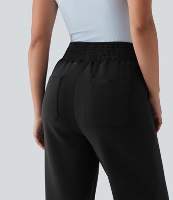 Jogging casual jambe droite taille haute smocké SpacerTek™ avec poches
