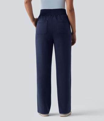 SpacerTek™ High Waisted Shirred Casual Straight Leg Sweatpants with Pockets