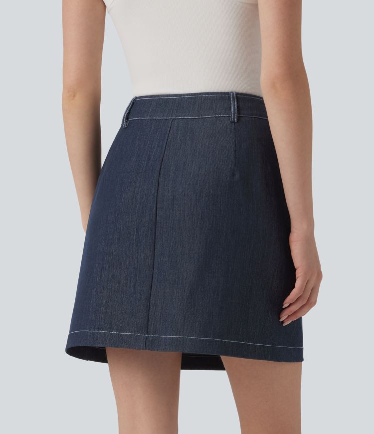 High Waisted Mini 2-in-1 Denim-Like Casual A-line Skirt with Pockets