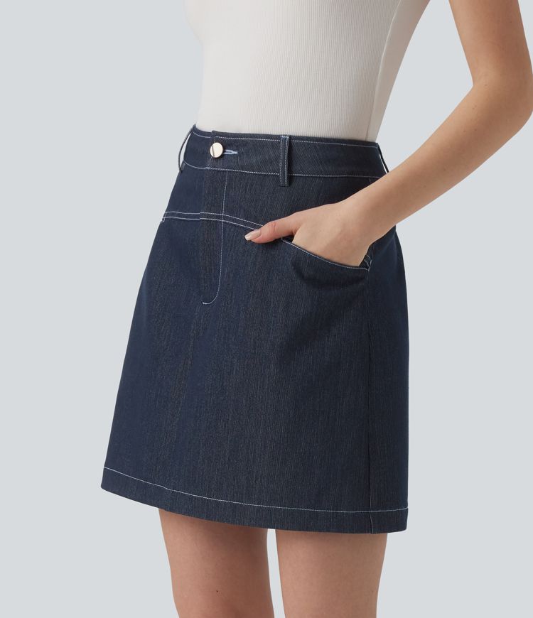 High Waisted Mini 2-in-1 Denim-Like Casual A-line Skirt with Pockets