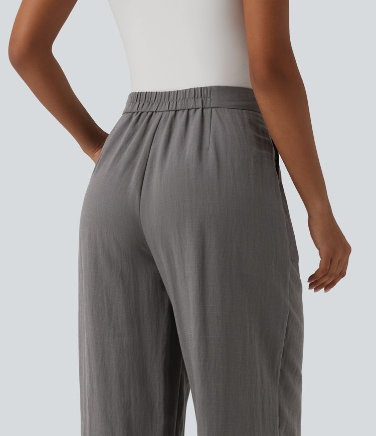 Adjustable High Waisted Linen Work Baggy Pants with Pockets