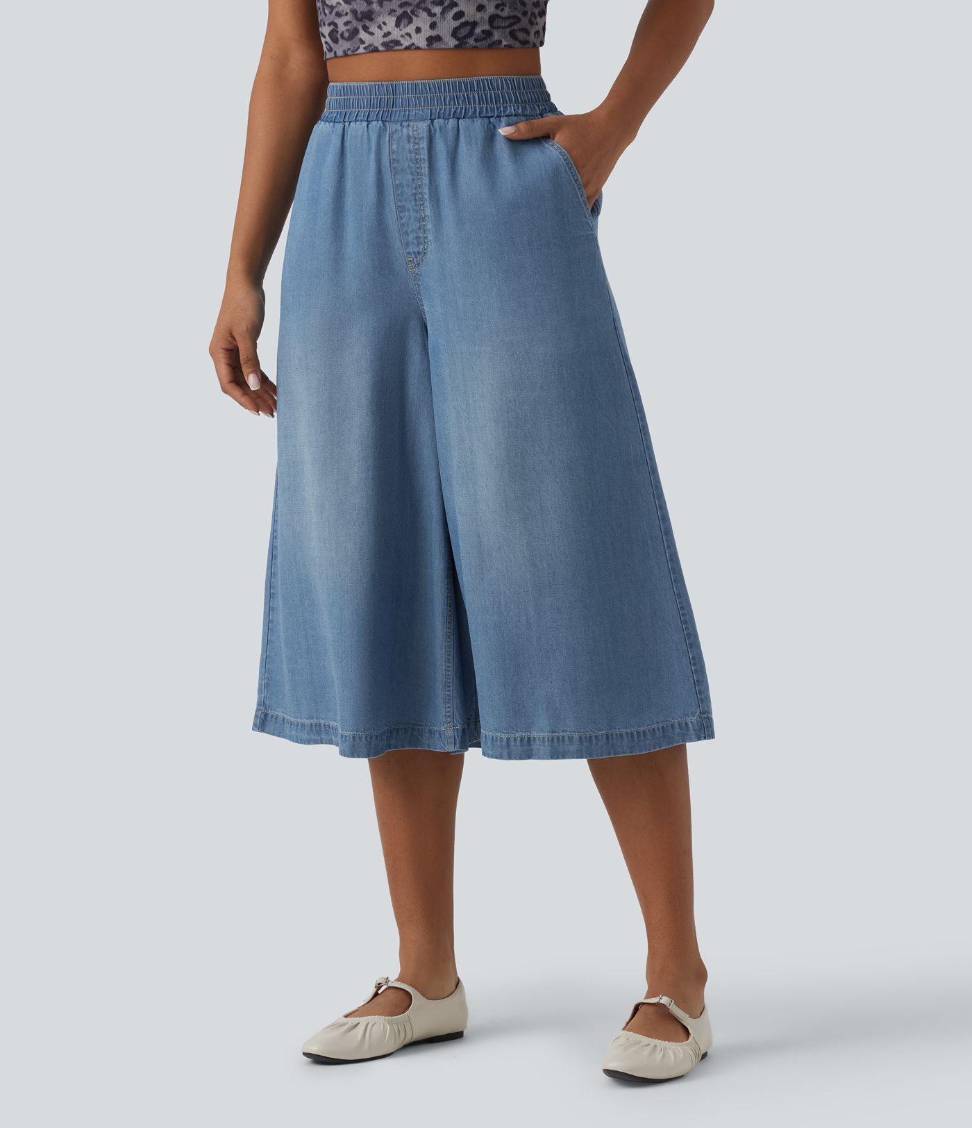 High Waisted Wide Leg Capri Casual Jeans with Pockets