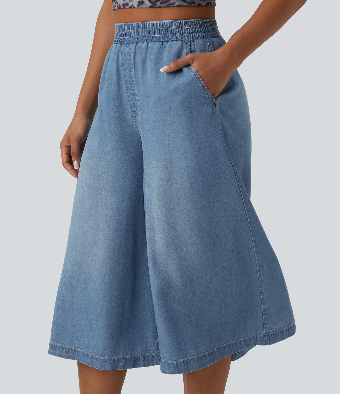 High Waisted Wide Leg Capri Casual Jeans with Pockets