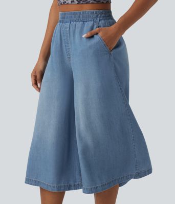 High Waisted Wide Leg Capri Casual Jeans with Pockets