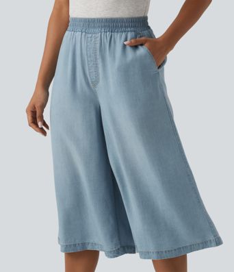 Lässige Capri-Jeans aus Lyocell mit hohem Bund, Seitentaschen und weitem Bein