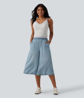 Lässige Capri-Jeans aus Lyocell mit hohem Bund, Seitentaschen und weitem Bein