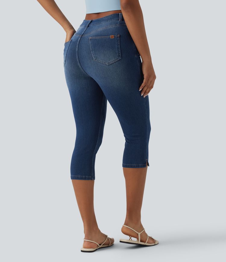 Halara Flex™ - Lässige Capri-Jeans mit hohem Bund, mehreren Taschen und geschlitztem Saum - slim