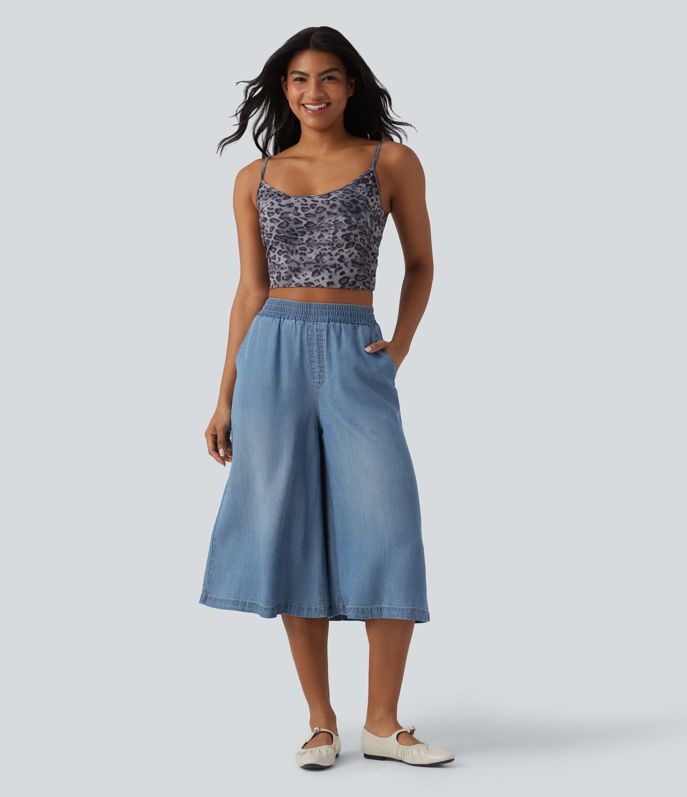 High Waisted Wide Leg Capri Casual Jeans with Pockets