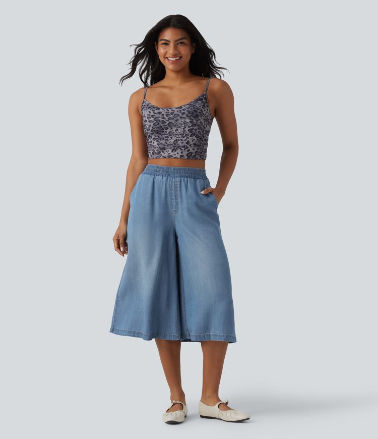 High Waisted Wide Leg Capri Casual Jeans with Pockets