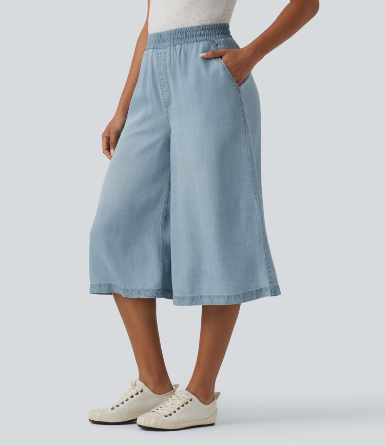 Lässige Capri-Jeans aus Lyocell mit hohem Bund, Seitentaschen und weitem Bein