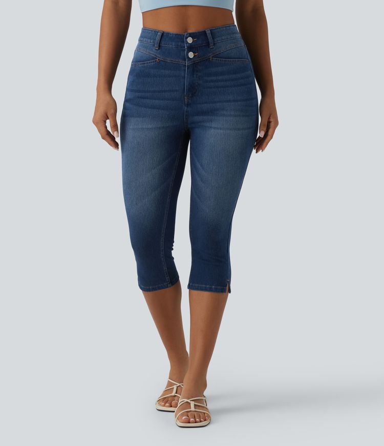 Halara Flex™ - Lässige Capri-Jeans mit hohem Bund, mehreren Taschen und geschlitztem Saum - slim
