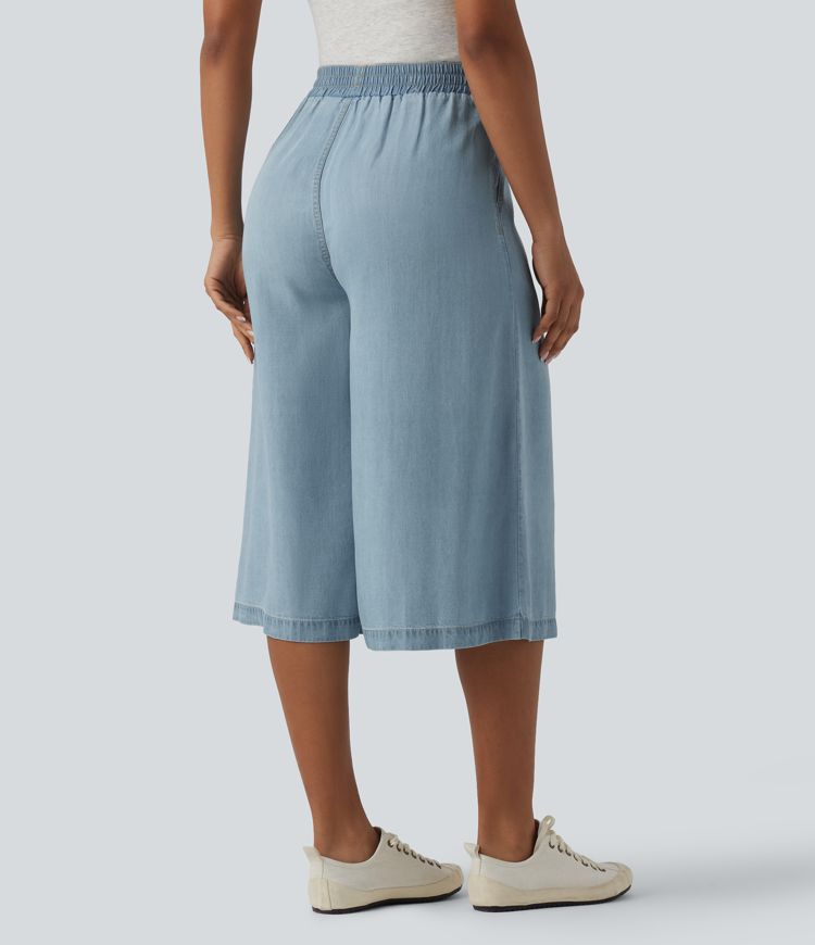 Lässige Capri-Jeans aus Lyocell mit hohem Bund, Seitentaschen und weitem Bein