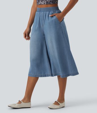 High Waisted Wide Leg Capri Casual Jeans with Pockets