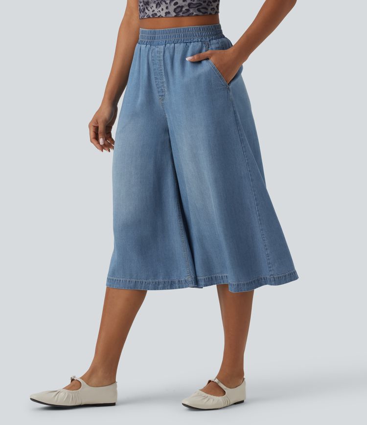 High Waisted Wide Leg Capri Casual Jeans with Pockets