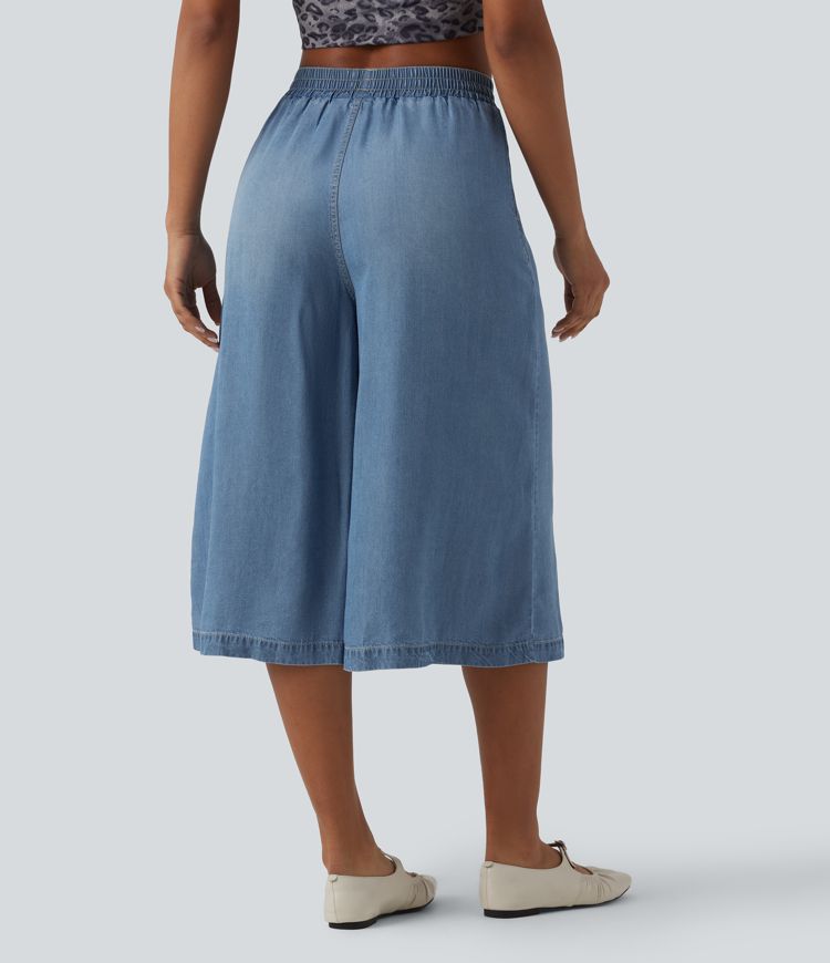 High Waisted Wide Leg Capri Casual Jeans with Pockets