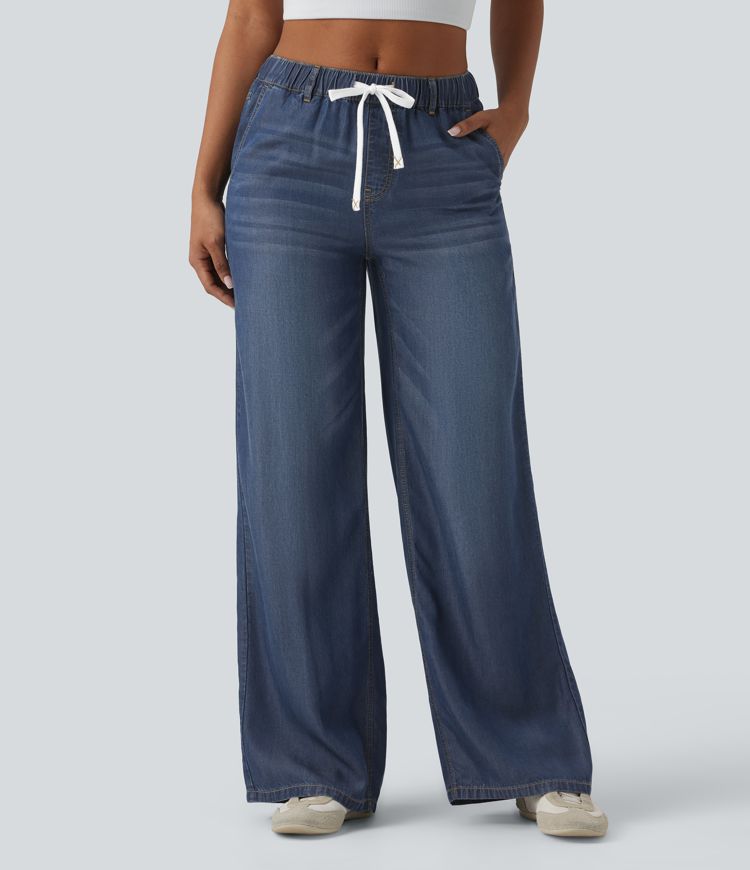 Lässige Jeans aus Lyocell mit mittelhohem Bund, mehreren Taschen und Kordelzug
