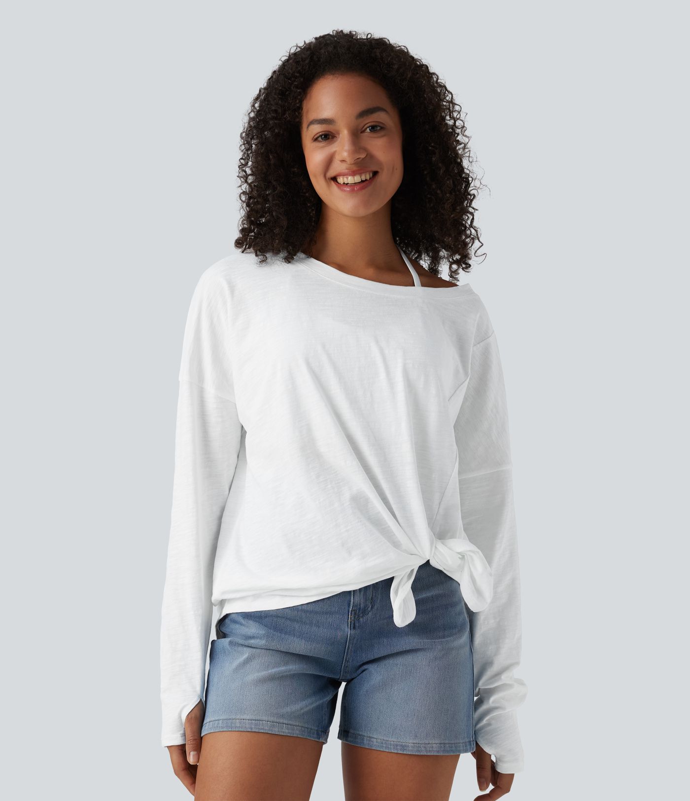 T-shirt casual en coton col bateau manches longues avec trous pour pouces et liens latéraux