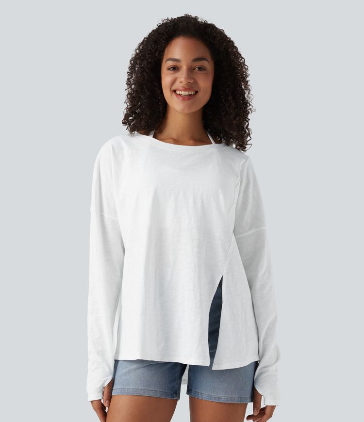 T-shirt casual en coton col bateau manches longues avec trous pour pouces et liens latéraux