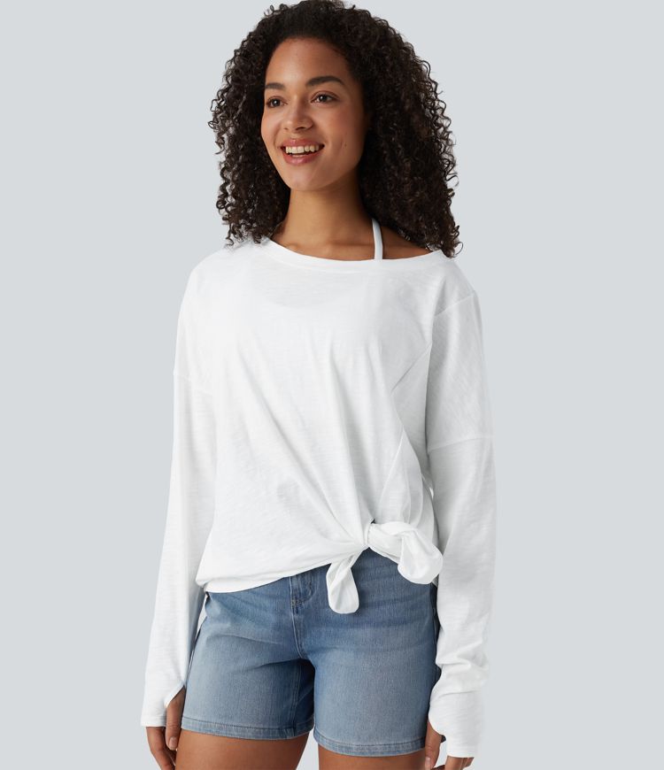 T-shirt casual en coton col bateau manches longues avec trous pour pouces et liens latéraux