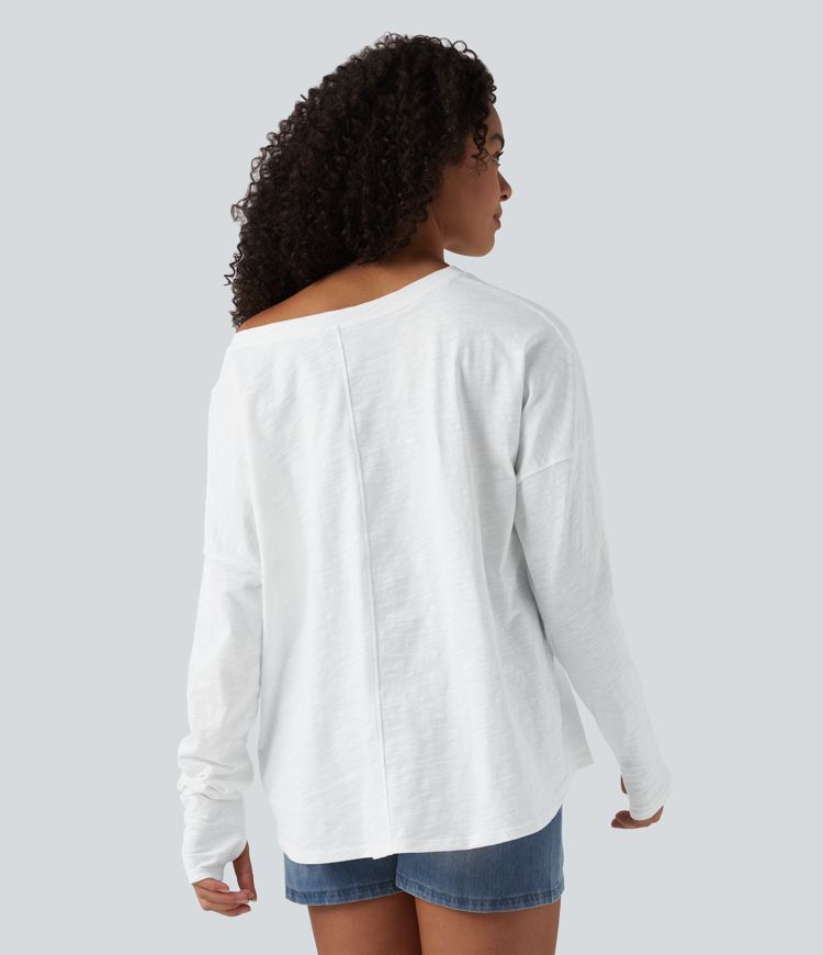 T-shirt casual en coton col bateau manches longues avec trous pour pouces et liens latéraux