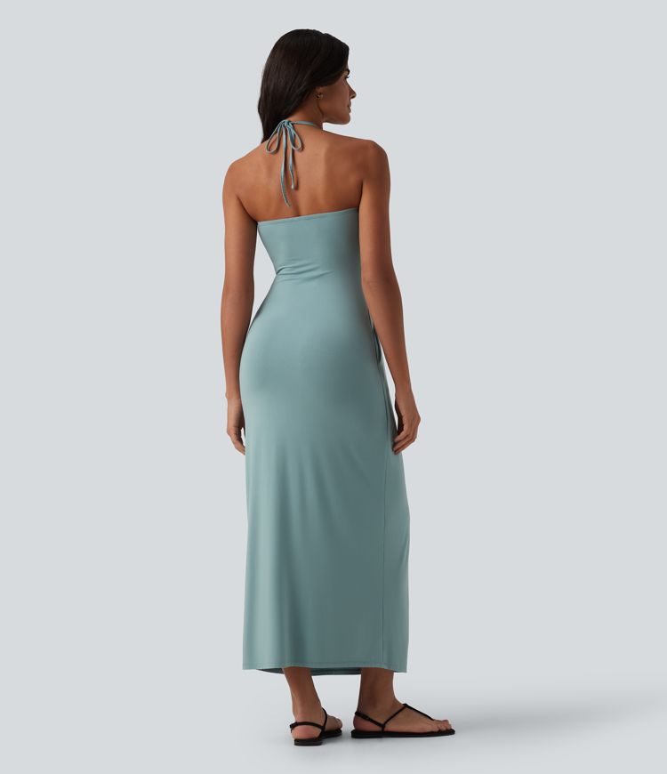 Robe longue dos nu col licou avec nœud et poches