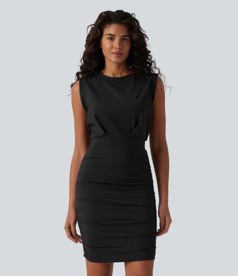 SoftlyZero™ Airy Round Neck Sleeveless Ruched Cool Touch Bodycon Mini Party Dress