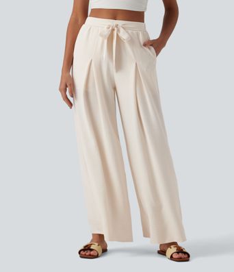 High Waisted Tie-front Linen-Feel Resort Baggy Pants with Pockets-Built-in Shorts