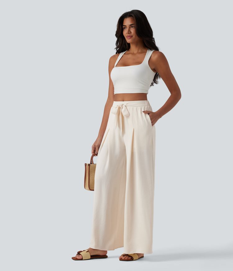 High Waisted Tie-front Linen-Feel Resort Baggy Pants with Pockets-Built-in Shorts