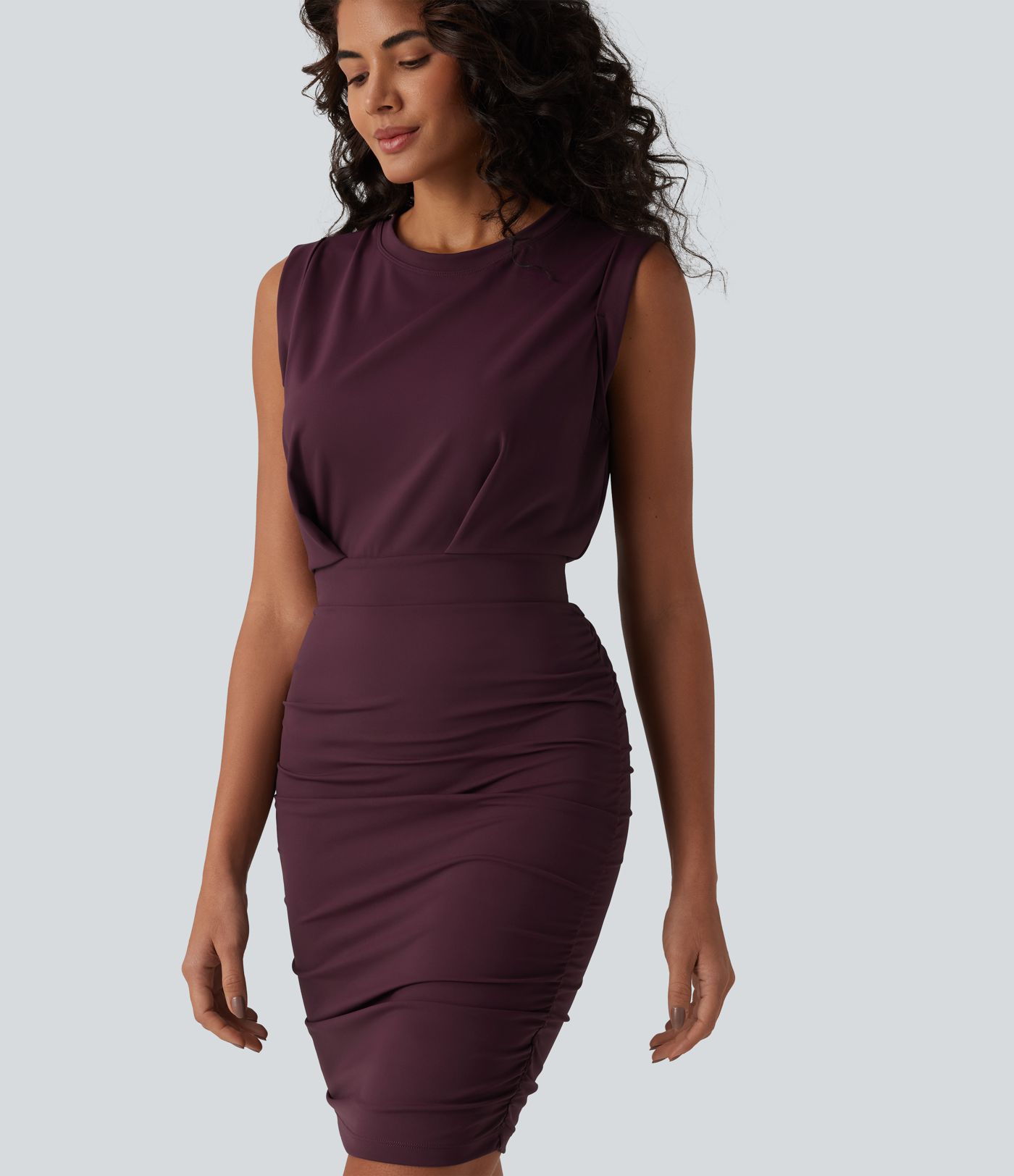 SoftlyZero™ Airy Round Neck Sleeveless Ruched Cool Touch Bodycon Mini Party Dress