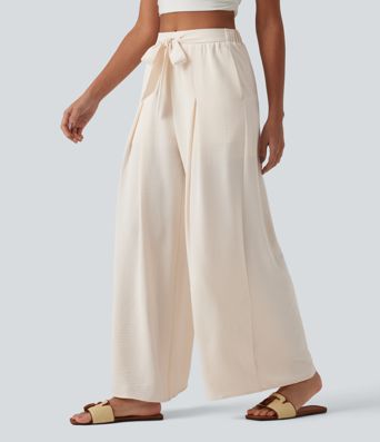High Waisted Tie-front Linen-Feel Resort Baggy Pants with Pockets-Built-in Shorts